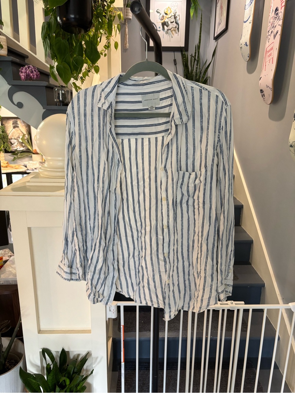 American Eagle Outfitters Blue and White Vertical Stripe Button-Down Shirt